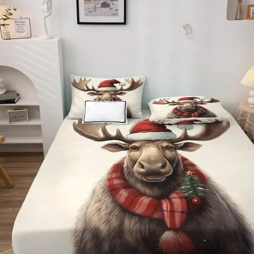 Vista 3 de Sábanas de alce de Navidad tamaño individual – Sábanas de cama de animales del bosque, microfibra suave, bolsillo profundo, sábanas y fundas