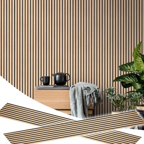 Vista 2 de 2 paneles acústicos de listones de madera para una decoración elegante y reducción de ruido, panel texturizado 3D para techo y pared, roble blanco