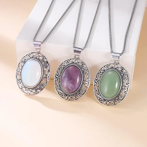 Vista 5 de Collar ovalado de piedras preciosas de acero inoxidable con colgante de cristal curativo de piedra semipreciosa para mujeres y niñas