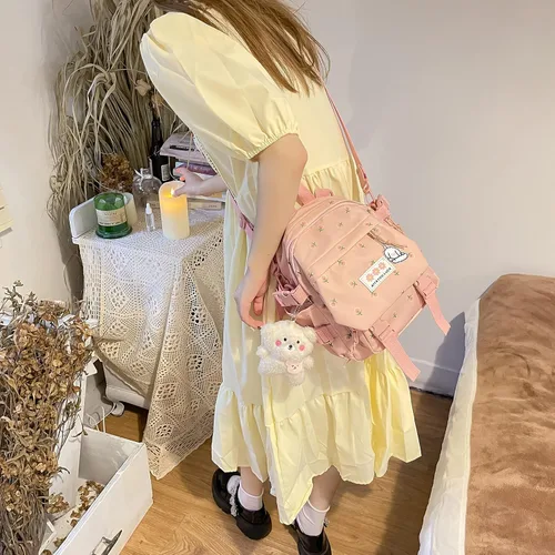 Vista 9 de Mochila estética Kawaii con colgante mini mochila para niñas, bonita mochila escolar japonesa, mochila con flores, Rosado, S, Kawaii