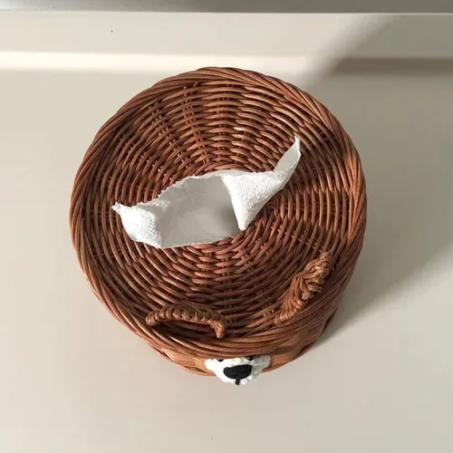 Vista 5 de Lindo oso tejido ratán cuadrado caja de pañuelos titular para cocina, baño, coche Soporte decorativo de mimbre recargable dispensador de Marrón