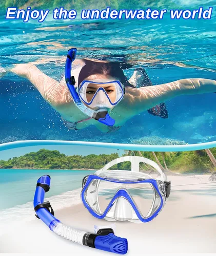 Vista 7 de Juego de esnórquel para adultos, kit de esnórquel seco, máscara de buceo antifugas y esnórquel seco, máscara de buceo con vista panorámica de 180°