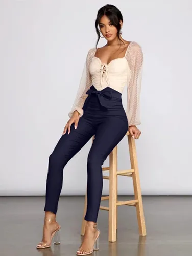 Vista 3 de XXTAXN Pantalones elásticos casuales de cintura alta para mujer, pantalones de lápiz lisos con corbata