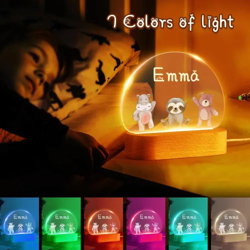 Vista 3 de VEELU Regalos personalizados para niños, luz nocturna con nombre personalizado con lindos animales, lámpara LED acrílica para bebé, regalo