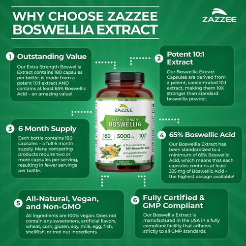 Vista 6 de Zazzee Extracto de Boswellia Serrata 10:1 extra fuerte, 5000 mg de fuerza, 65% ácido boswélico, 180 cápsulas veganas, suministro de 6 meses