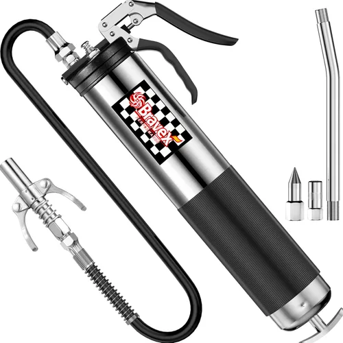 Vista 8 de Bravex - Pistola engrasadora profesional resistente con agarre de pistola, 6000 PSI - Manguera flexible de 457 mm