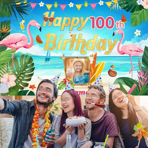Vista 6 de Cartel de decoración de feliz cumpleaños número 100 personalizable con flamencos, playa, trópicos, Hawái y tema de verano, tamaños grandes