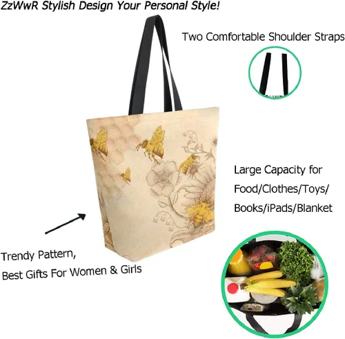 Vista 2 de ZzWwR Elegante bolsa de hombro extragrande con estampado para viajes a la playa, fin de semana, gimnasio, compras de comestibles.., #Sunflwoers&bee