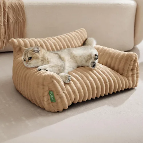 Vista 2 de Lindo sofá cama para mascotas, sofá de apoyo para gatos de interior, sofá cama pequeño para perros pequeños, beige, 24 pulgadas