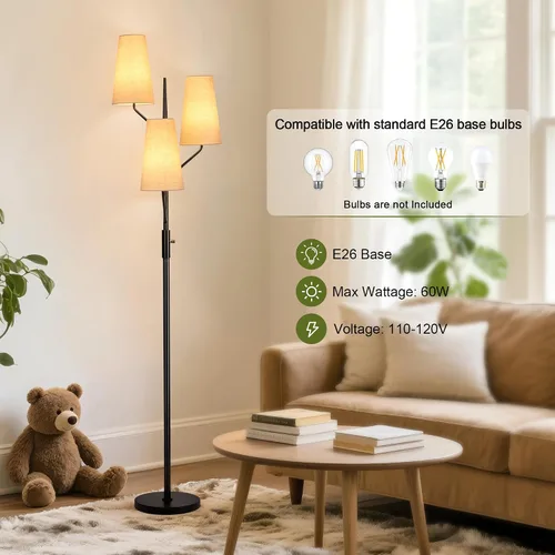 Vista 4 de SRJJA Lámpara de pie de granja para sala de estar, lámpara de pie de árbol de 3 luces de 70 pulgadas de alto con poste negro, lámparas de pie