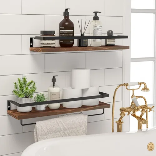 Vista 2 de Estantes flotantes para pared, estantes de baño con toallero, estantes de almacenamiento montados en la pared para cocina, baño, juego de 2 Marrón