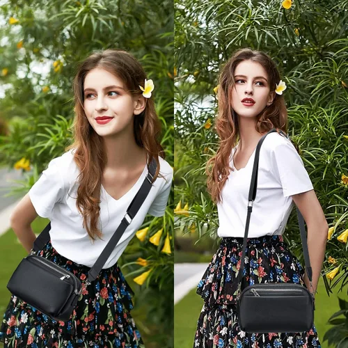 Vista 2 de POIUGOYA Bolsos cruzados pequeños para mujer, bolsos de hombro y bolsos de cuero para mujer, bolso de mano con cuatro cremalleras para cámara