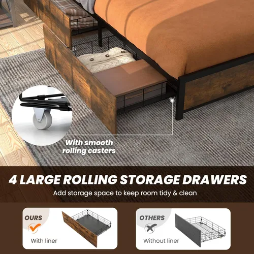 Vista 6 de Giantex Base de cama matrimonial con cabecero de luces LED y 4 cajones de almacenamiento, plataforma de metal con tomas de corriente y puertos USB
