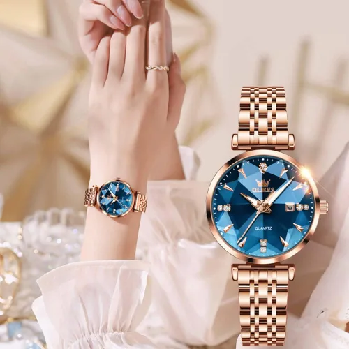 Vista 2 de OLEVS Relojes de mujer Vestido simple Reloj de mujer Reloj de acero inoxidable de oro rosa Reloj impermeable de cuarzo con fecha de lujo