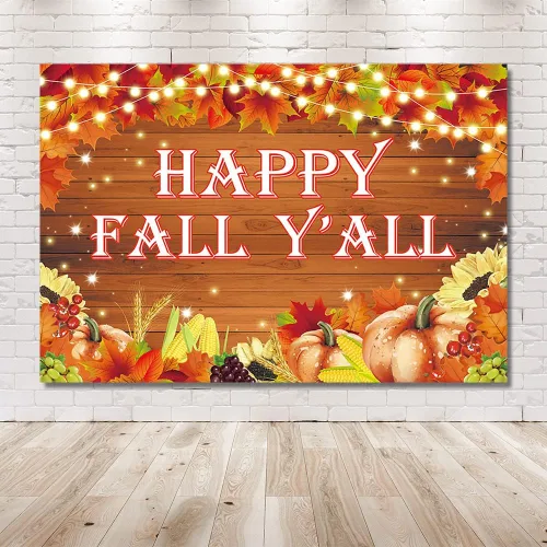 Vista 6 de MEHOFOND Cartel de fondo con texto en inglés "Happy Fall Y'all" de 7 x 5 pies, para otoño, cosecha de calabaza, fiesta de Acción de Gracias