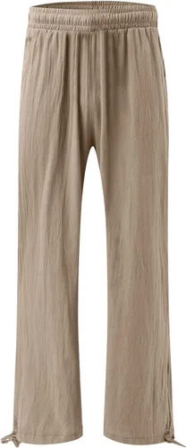 Vista 4 de Pantalones de lino para mujer, de verano, de cintura alta, pierna ancha, casuales, cintura elástica, pantalones palazzo, pantalones de playa
