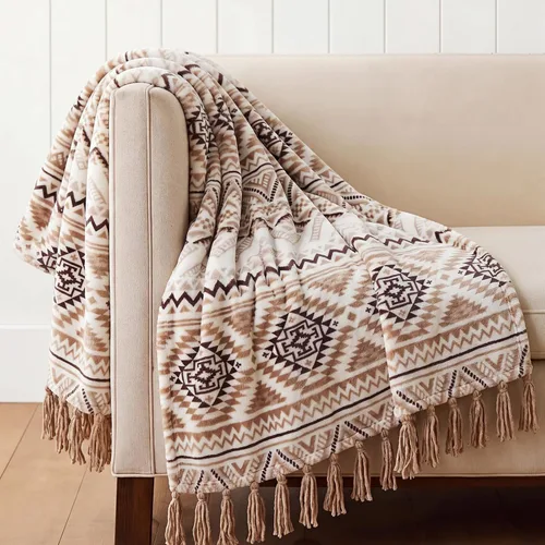 Vista 15 de CASAAGUSTO Manta Boho - Mantas Decorativas Beige y Gris con Borla, Manta Bohemia de Franela Estampada para Silla, Cama, Sofá, Sillón