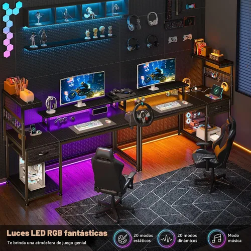 Vista 9 de EnHomee - Escritorio para juegos de 40 pulgadas con luces LED y tomas de Negro