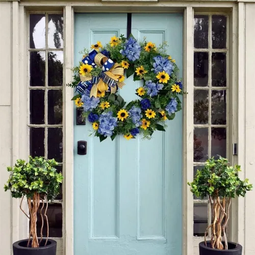 Vista 4 de Corona de primavera con bandera de Ucrania, girasol, decoración de primavera, corona ucraniana azul y amarilla para decoración del hogar, porche