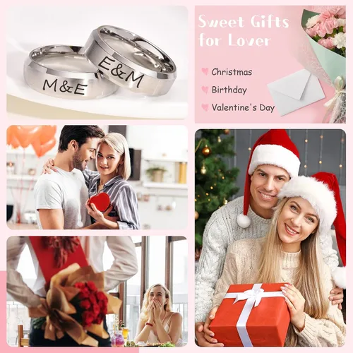 Vista 5 de Juego de anillos de boda negros para él y ella, anillos grabados para hombre, bandas de clase para hombres y mujeres, anillos personalizados