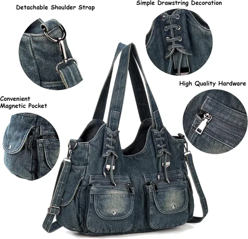 Vista 5 de Casual lavado Denim Hombro Bolsos Top Handle Señora Hobo Bolsas Mujeres Monederos y bolsos