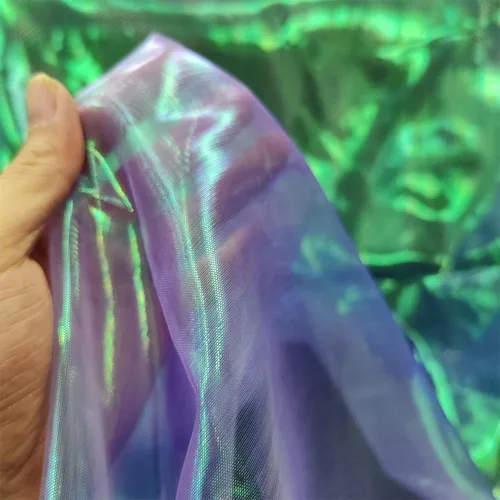 Vista 15 de Tela de encaje de organza con gradiente láser arcoíris mágico, tela de gasa holográfica iridescente para vestido de novia, cortina, fondo, fiesta
