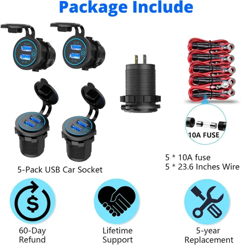Vista 7 de Qidoe - Paquete de 5 salidas USB de carga rápida 3.0 de 12 V, impermeable, QC3.0, doble toma de corriente USB con interruptor táctil, enchufe