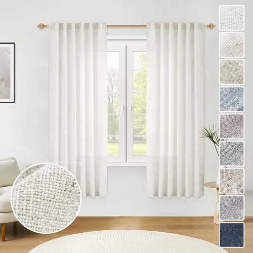 Vista 48 de Cortinas de Lino Natural Color Crema de 84 Pulgadas de Largo para Sala de Estar, Juego de 2 Paneles de Lino Texturizado con Trabillas Traseras