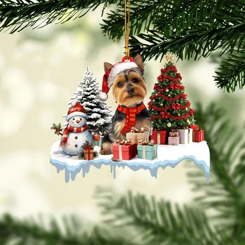 Vista 8 de Talataca Adorno Colgante de Perro Yorkshire Terrier con Sombrero Corona de Yorkie Amante de Perros Adorno Plano 2D de Árbol de Navidad en Madera