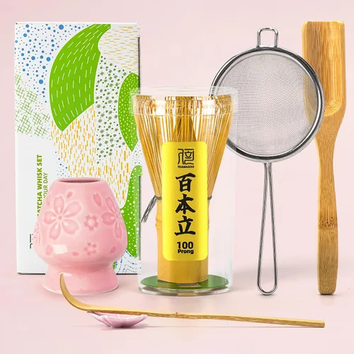 Vista 13 de TEANAGOO Set de Batidor de Matcha, Batidor de Bambú Matcha (100 puntas) con Soporte Negro, Set de Inicio Tradicional de 6 Piezas, Cuchara
