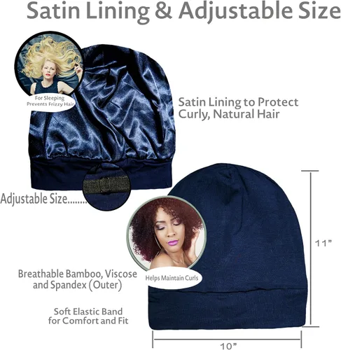 Vista 6 de Gorro de dormir con forro de satén ajustable, gorro holgado para mujer, cabello rizado natural