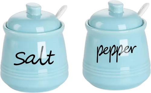 Vista 10 de ONTUBE Cuencos de cerámica para sal y pimienta con tapa y cuchara 12oz (blanco)