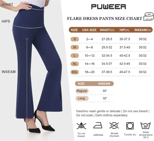 Vista 6 de PUWEER Pantalones acampanados para mujer, de cintura alta, casuales, de negocios, pantalones de trabajo con bolsillos