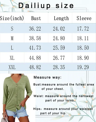 Vista 5 de Dailiup Camisetas de manga 34 con cuello en V para mujer, cárdigan con botones, estilo casual, color liso, camisetas básicas, blusas