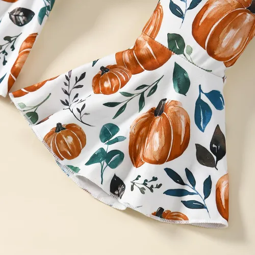 Vista 6 de Noubeau Toddler Baby Girls Halloween Outfits Letter Print Flare Sleeve Dress Shirt Cute Pumpkin Bell-Bottoms Pants Scarf