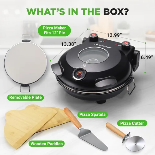 Vista 7 de NutriChef Horno eléctrico para pizza Máquina de pizza de encimera de 1200 W con control de temperatura y termómetro Ventana de visualización
