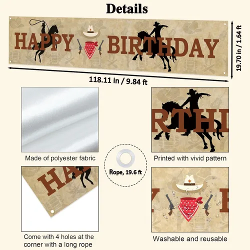 Vista 2 de Labakita Cartel grande de feliz cumpleaños de vaquero occidental, decoraciones de fiesta temática occidental para niños y hombres