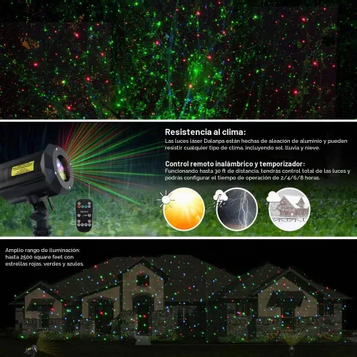 Vista 3 de Luces de Jardín al Aire Libre, Proyector de Luz Láser Navideño Estrella en Movimiento (Azul Rojo Verde)