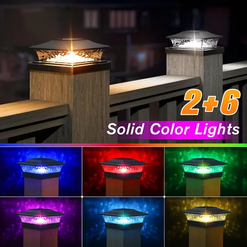 Vista 2 de APONUO - Luces solares para punta de poste con 8 colores RGB sólidos y flujo multicolor - Paquete de 4 luces solares para postes de 6x6, IP65