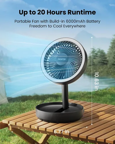 Vista 3 de Gaiatop Ventilador de escritorio pequeño plegable con luz nocturna LED, inalámbrico de 6000 mAh, ventilador portátil recargable por USB, para Negro