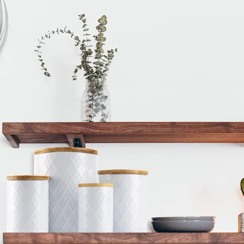 Vista 5 de Juego de recipientes de cocina blancos con tapas de bambú, azúcar hermético, harina, café, juegos de recipientes para almacenamiento de galletas
