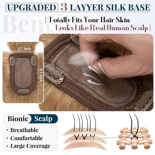 Vista 4 de Benehair Peluca de cabello con clip con flequillo, peluca secreta de cabello 100% humano, postizo superior con flecos, peluca de repuesto