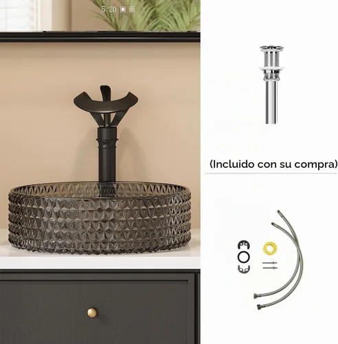 Vista 7 de Fregadero de Vaso de Vidrio Negro Lovedima, Lavabo de Tocador de Baño Sobre Encimera
