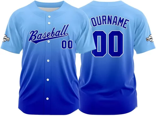 Vista 20 de Camiseta de béisbol con degradado personalizado, nombre, número y logotipo personalizados para hombres, mujeres y niños