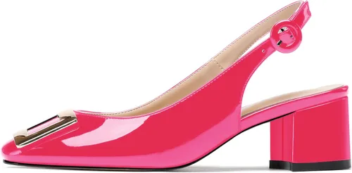 Vista 2 de WAYDERNS Zapatos de tacón bajo grueso de 2 pulgadas con hebilla rectangular de metal dorado para mujer, Oro