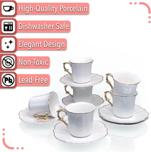 Vista 6 de Brew To A Tea Juego de 6 tazas de café turco de porcelana con platillos, color blanco con diseño de ribete dorado y caja de regalo, aptas