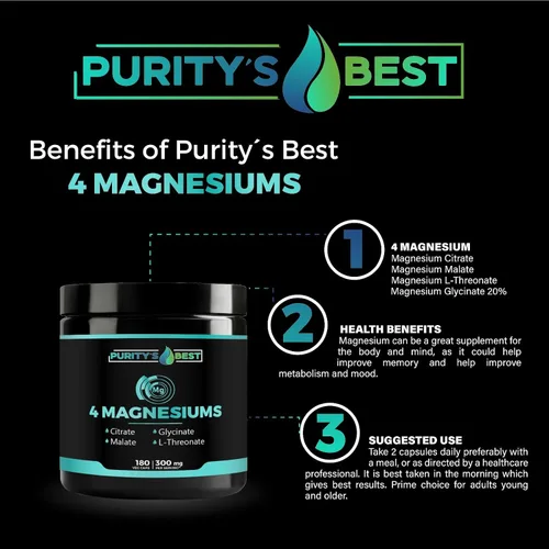 Vista 3 de Purity's Best 4 MAGNESIOMS, glicinato de magnesio premium, malato, L-treonato, citrato, 300 mg, 180 cápsulas vegetales, probado por terceros