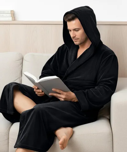 Vista 6 de NY Threads - Bata de baño con capucha para hombre de lujo, bata de baño de felpa de lujo con capucha, bata de spa para hombre Negro