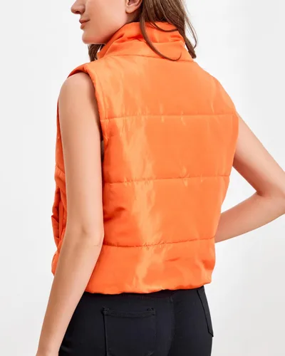 Vista 4 de Chaleco acolchado para mujer, sin mangas, cálido, acolchado, recortado, con cuello alto, con bolsillo