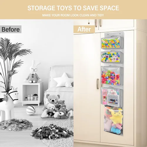 Vista 3 de Woodoulogy Almacenamiento de juguetes colgantes sobre la puerta, organizador de animales de peluche en bloques con 4 bolsas de estuche extraíbles